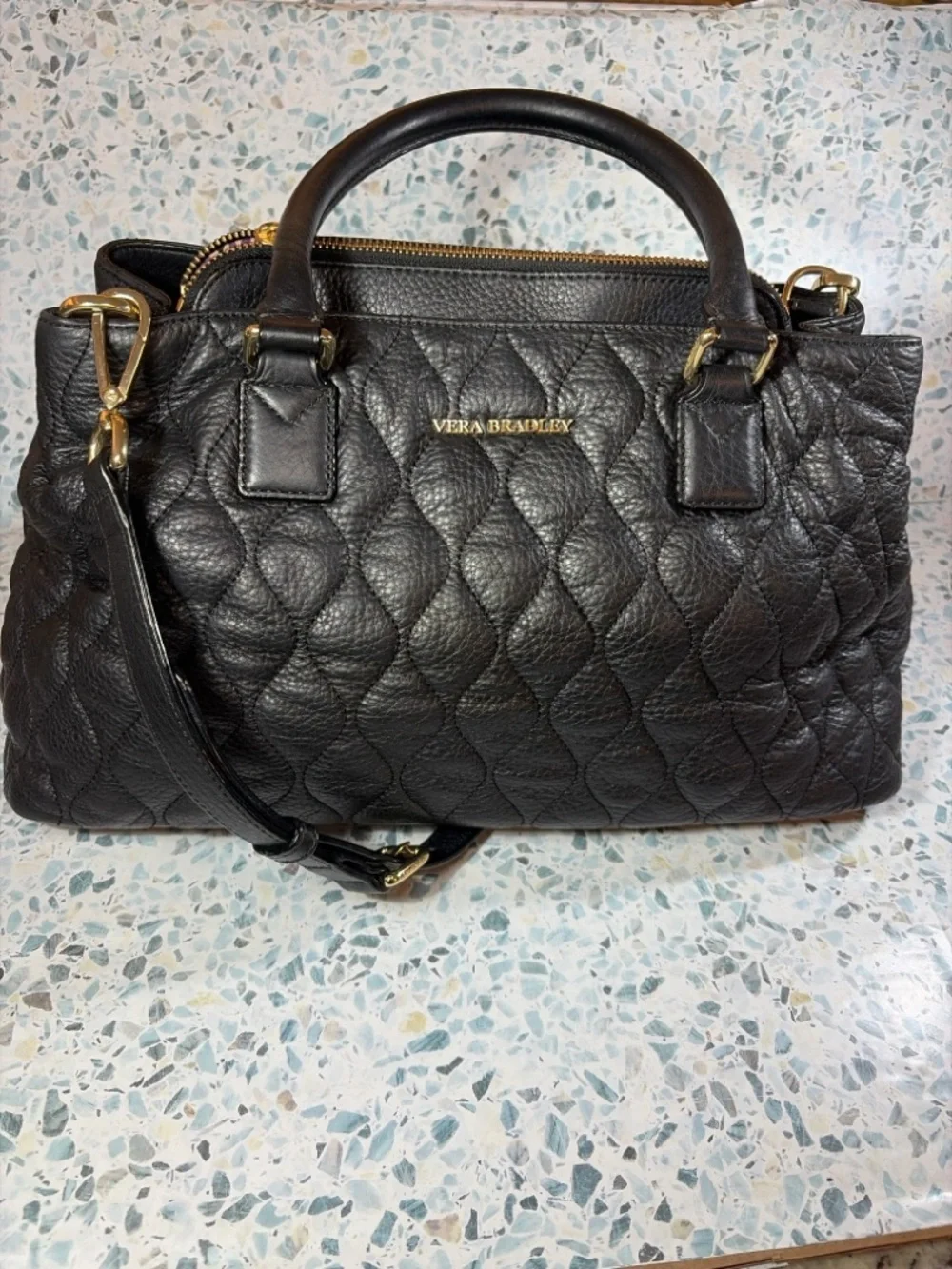 Vera Bradley Black Quilted Satchel with Floral Lining - Picture 2 of 11